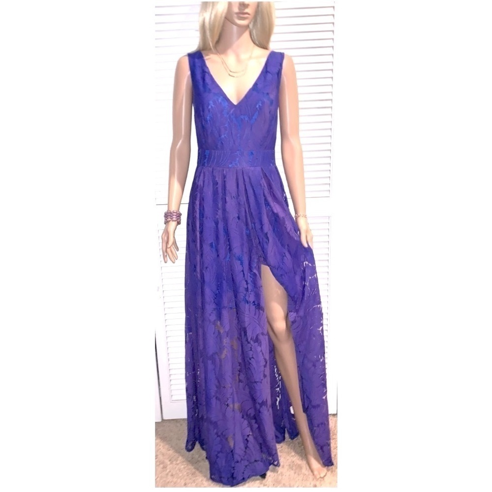 Alberto Makali Royal Blue lace overlay formal Gown dress Size 10 leg slit
